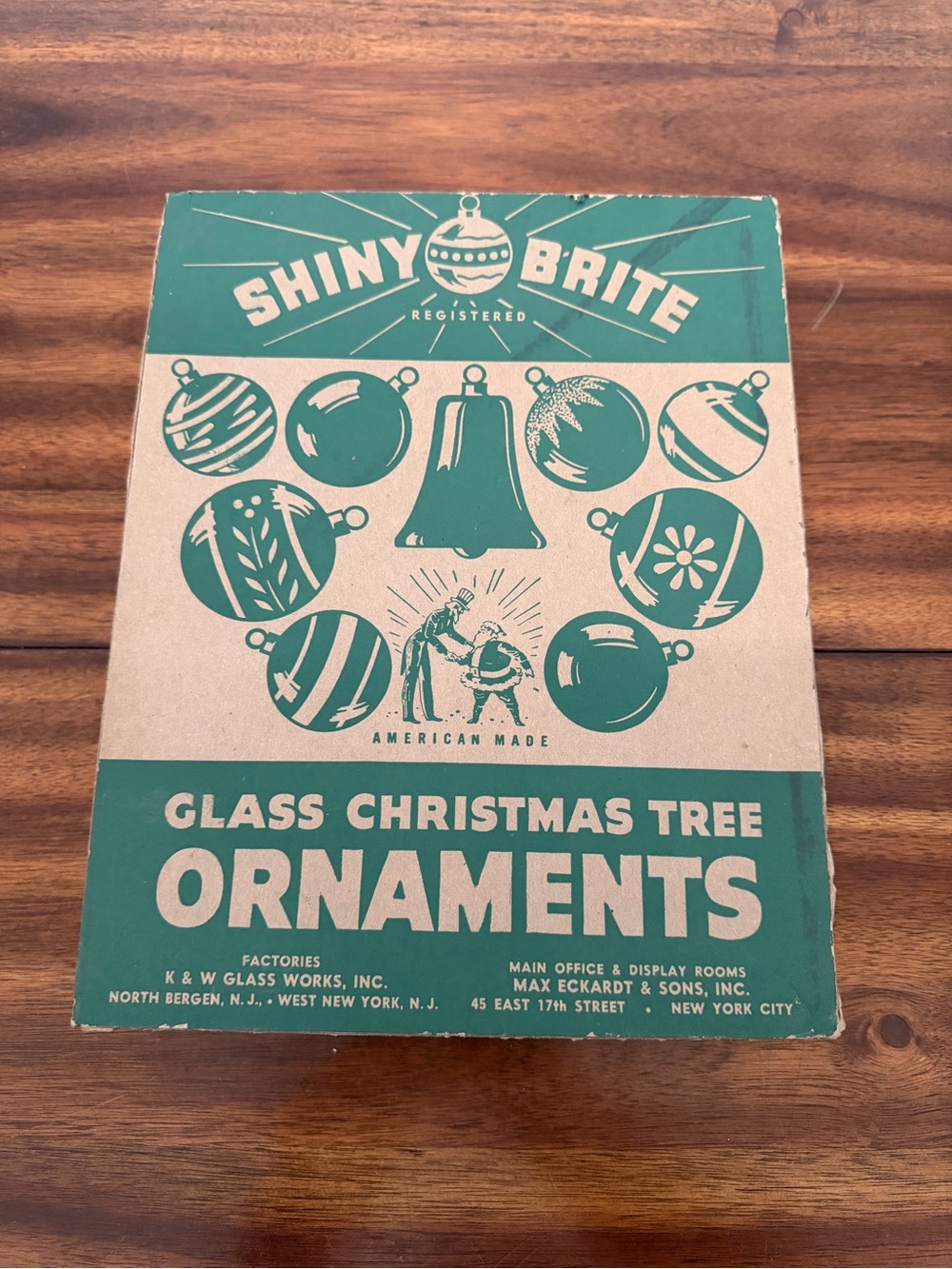 Vintage Shiny Brite Christmas Ornament Empty Box Uncle Sam and Santa Green